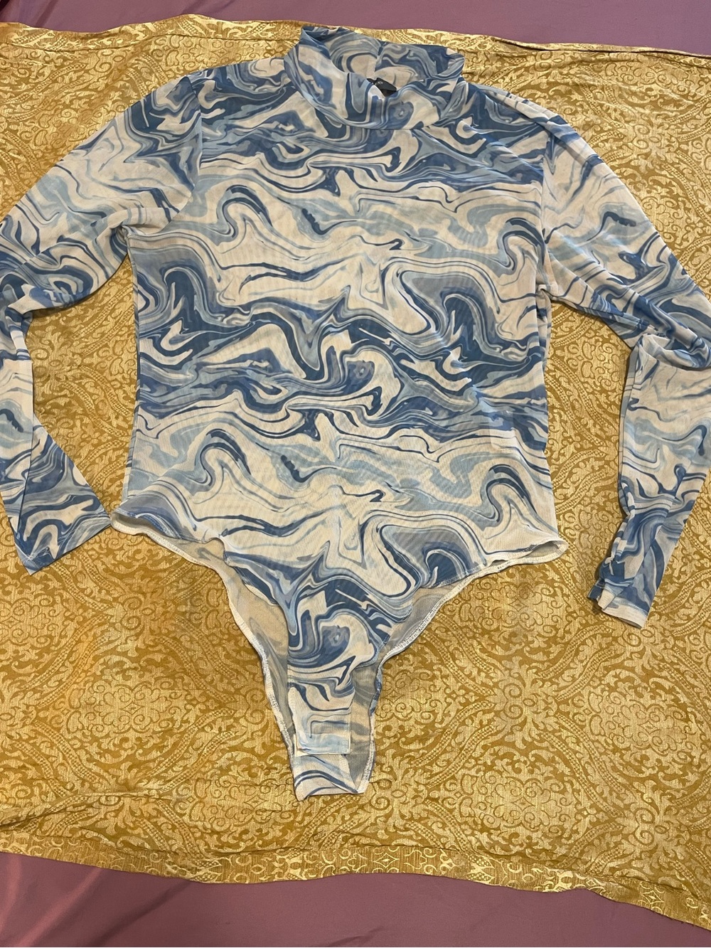 Primark Blue & White Marble Long-Sleeve One-Piece Bodysuit